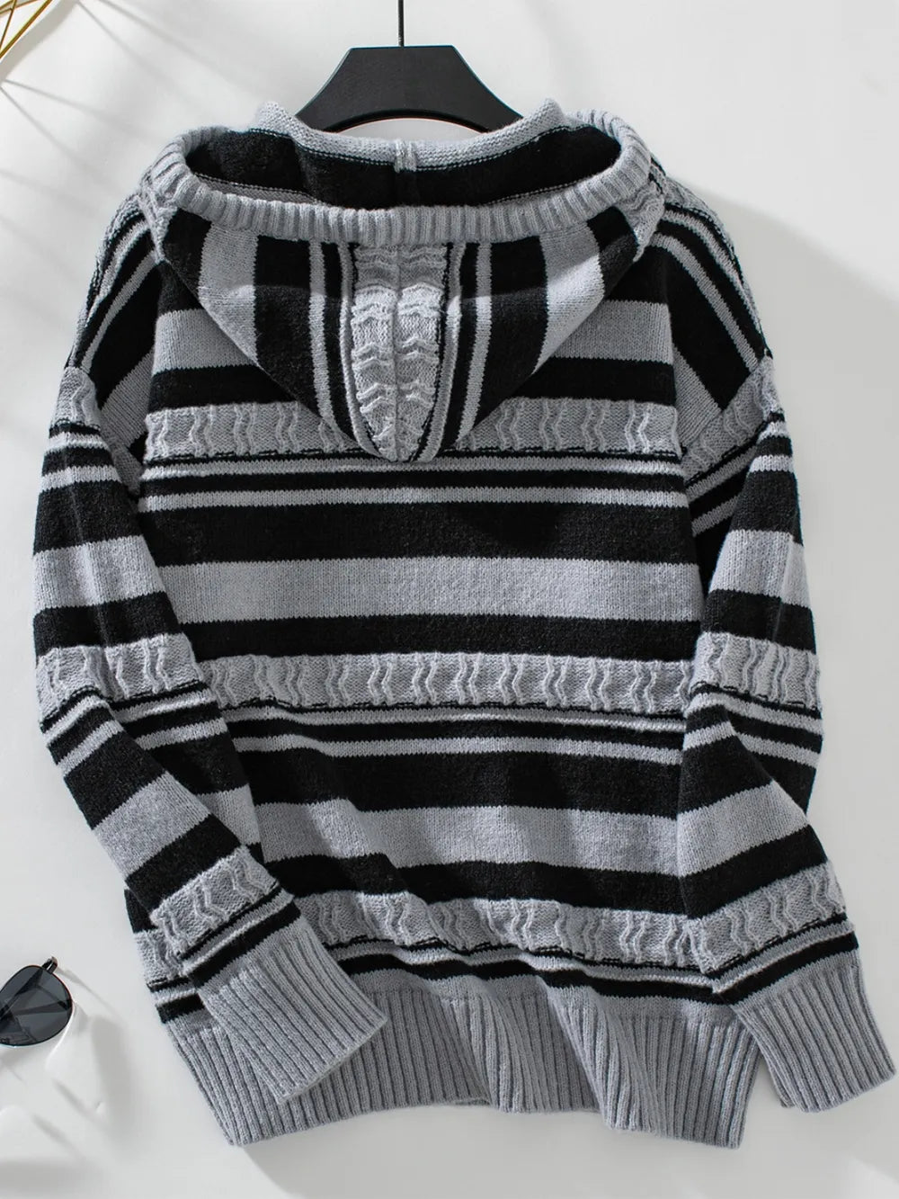 Drawstring Striped Long Sleeve Hooded Sweater - Korvel