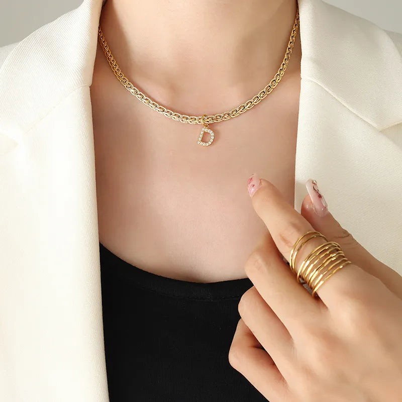 Brass Inlaid Zircon Letter Pendant Necklace - Korvel