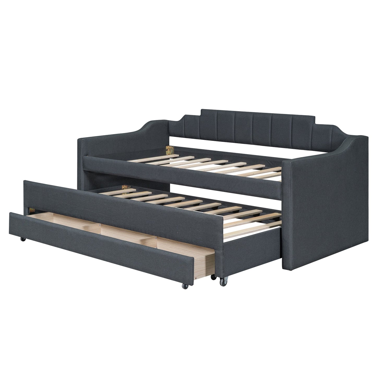 Twin Size Upholstered Daybed with Trundle and Three Drawers Grey - Korvel
