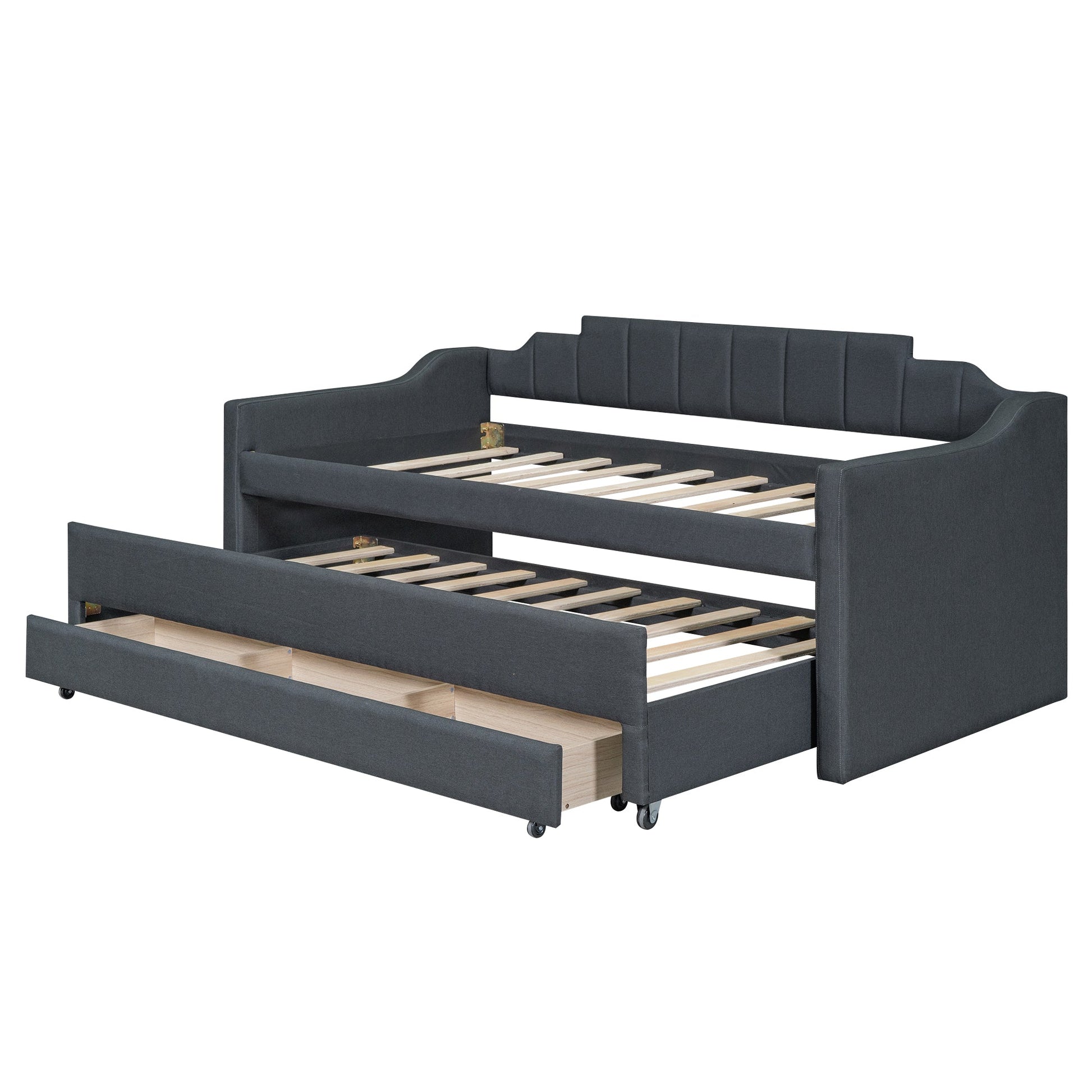 Twin Size Upholstered Daybed with Trundle and Three Drawers Grey - Korvel