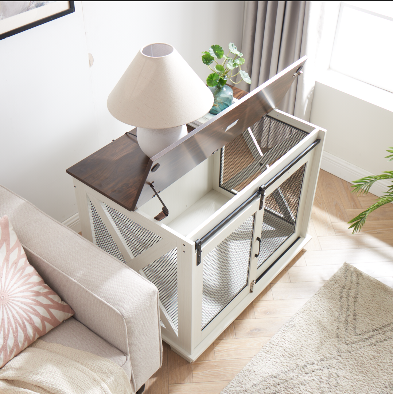 Farm kennel Flat noodles furniture with sliding barn door, farm wooden kennel end table, dog house with removable partition - Korvel