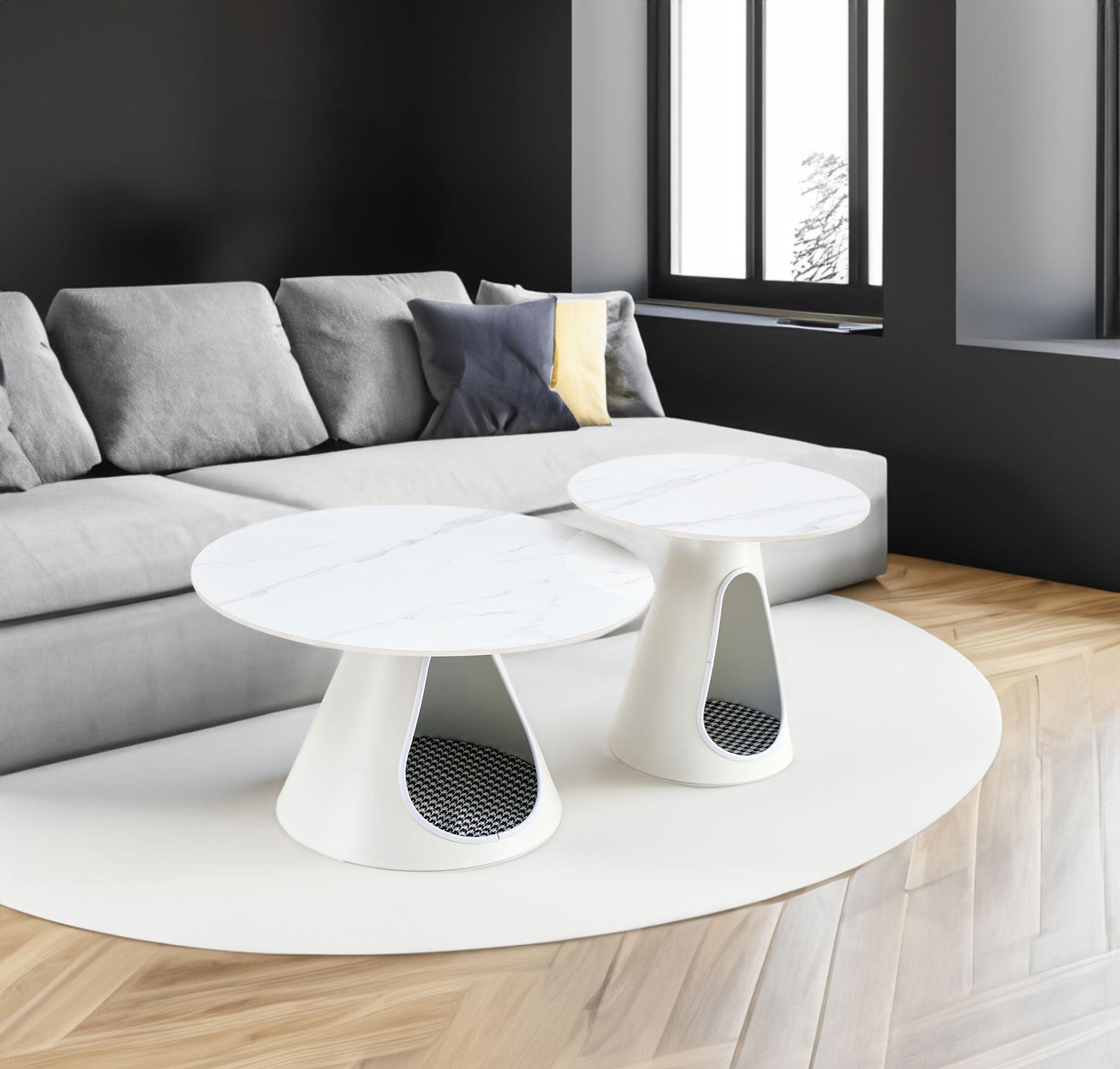 set of 2 coffee round tables with a marble-look top and steel base with 2 cat beds multifunctional and stylish entable - Korvel