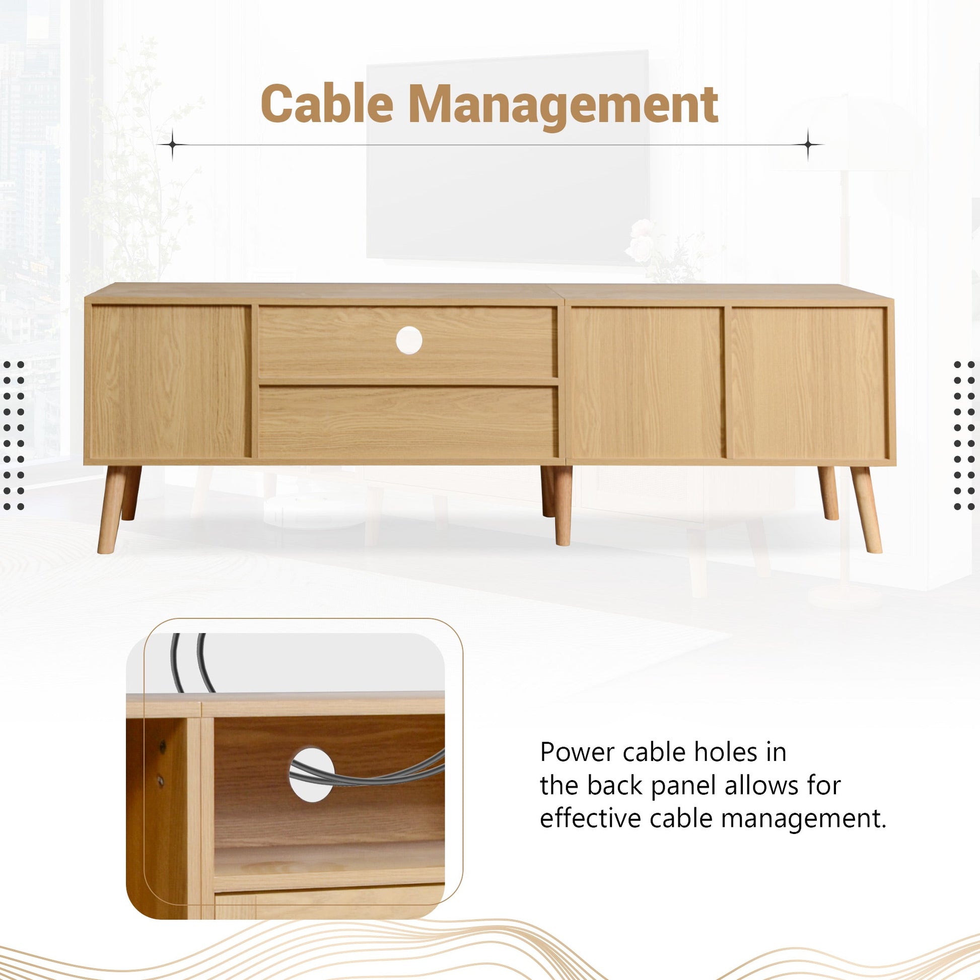Vine TV stand with 2 cabinets and 2 open shelves, suitable for TVs under 80 inches, with solid wood legs for TV cabinets - Korvel