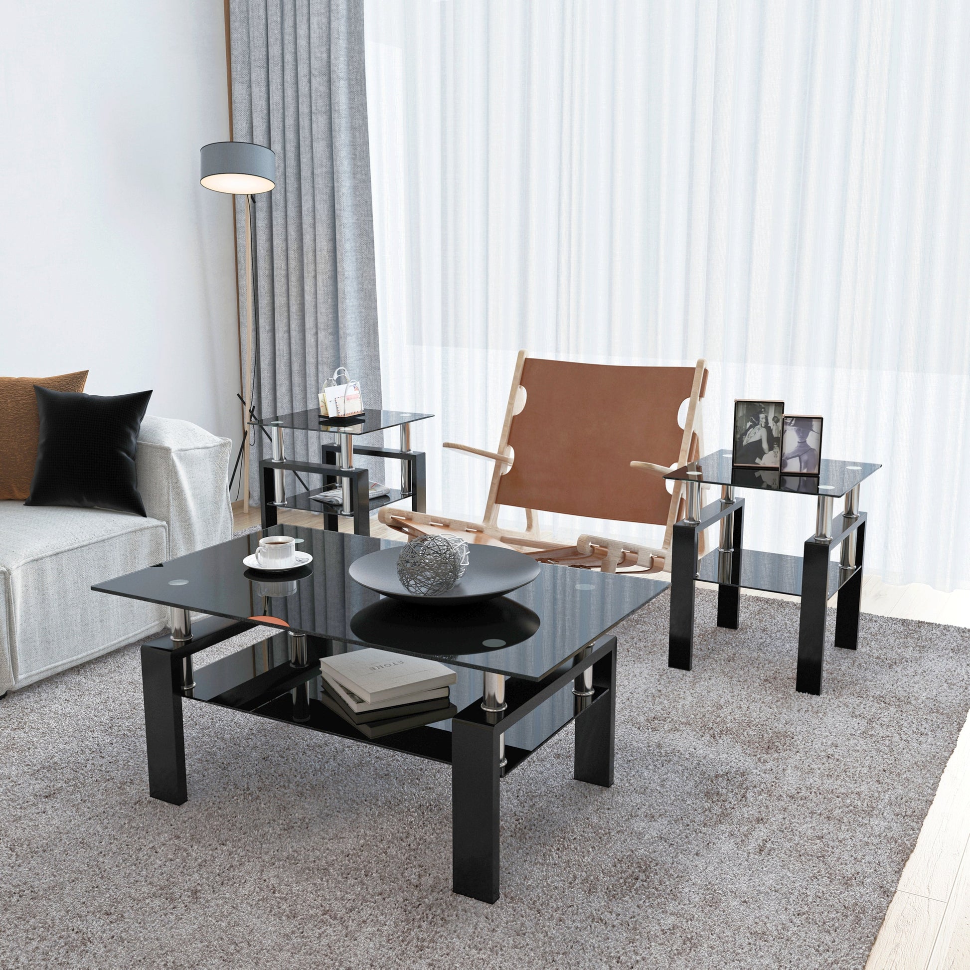 Set of 2, Modern Tempered Glass Tea Table Coffee Table End Table, Square Table for Living Room, Black - Korvel