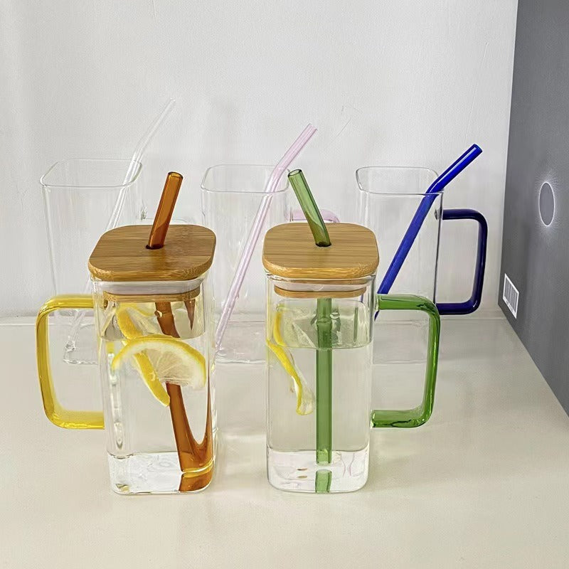 Square colored handle cup glass straw cup with lid milk tea cup with large capacity - Korvel