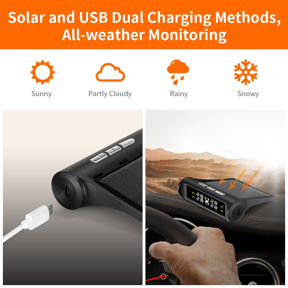 Smart Car TPMS Tire Pressure Monitoring System Solar Power Digital TMPS LCD Display USB Auto Security Alarm Tire Pressure Sensor - Korvel