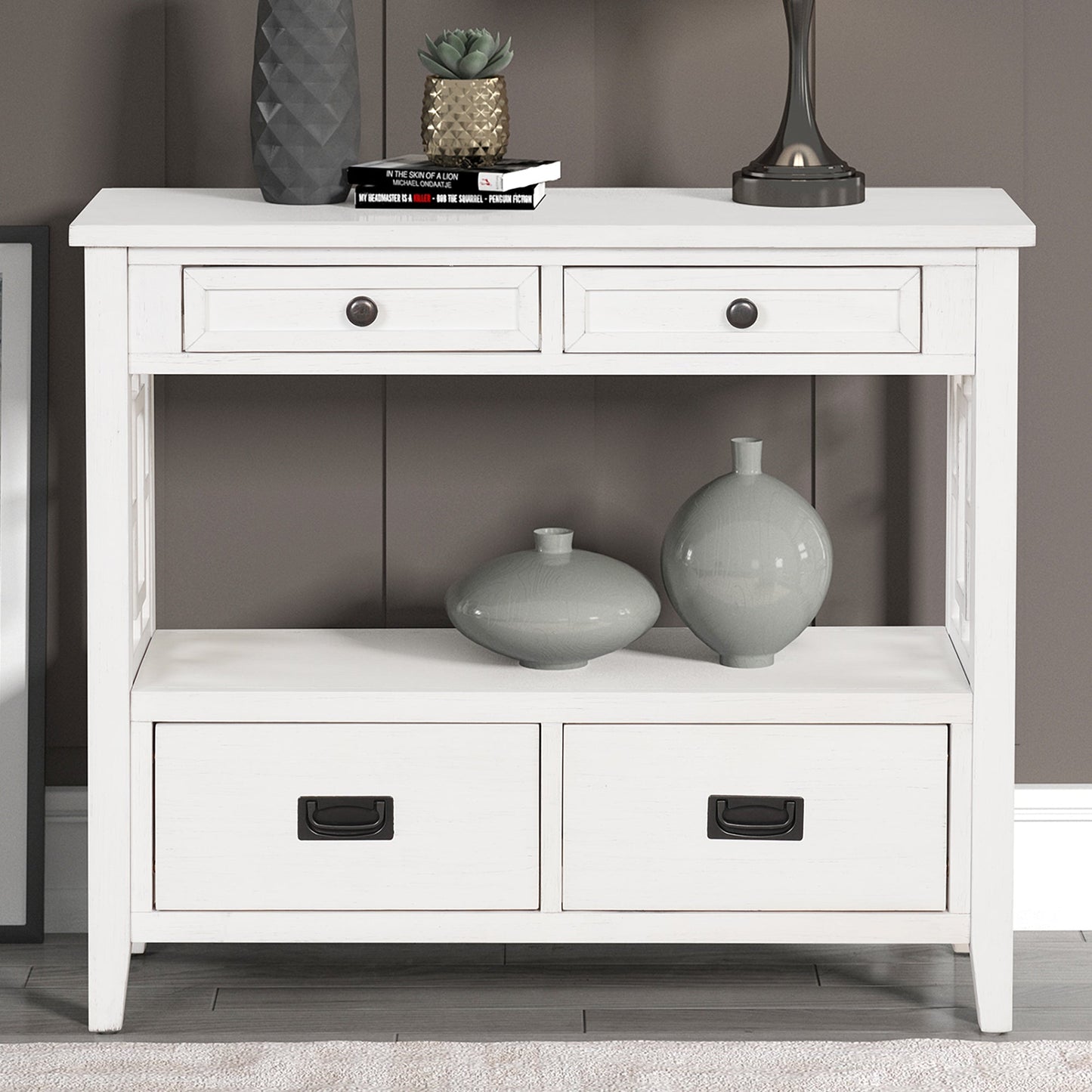 36'' Farmhouse Pine Wood Console Table Entry Sofa Table with 4 Drawers & 1 Storage Shelf (Antique White) - Korvel