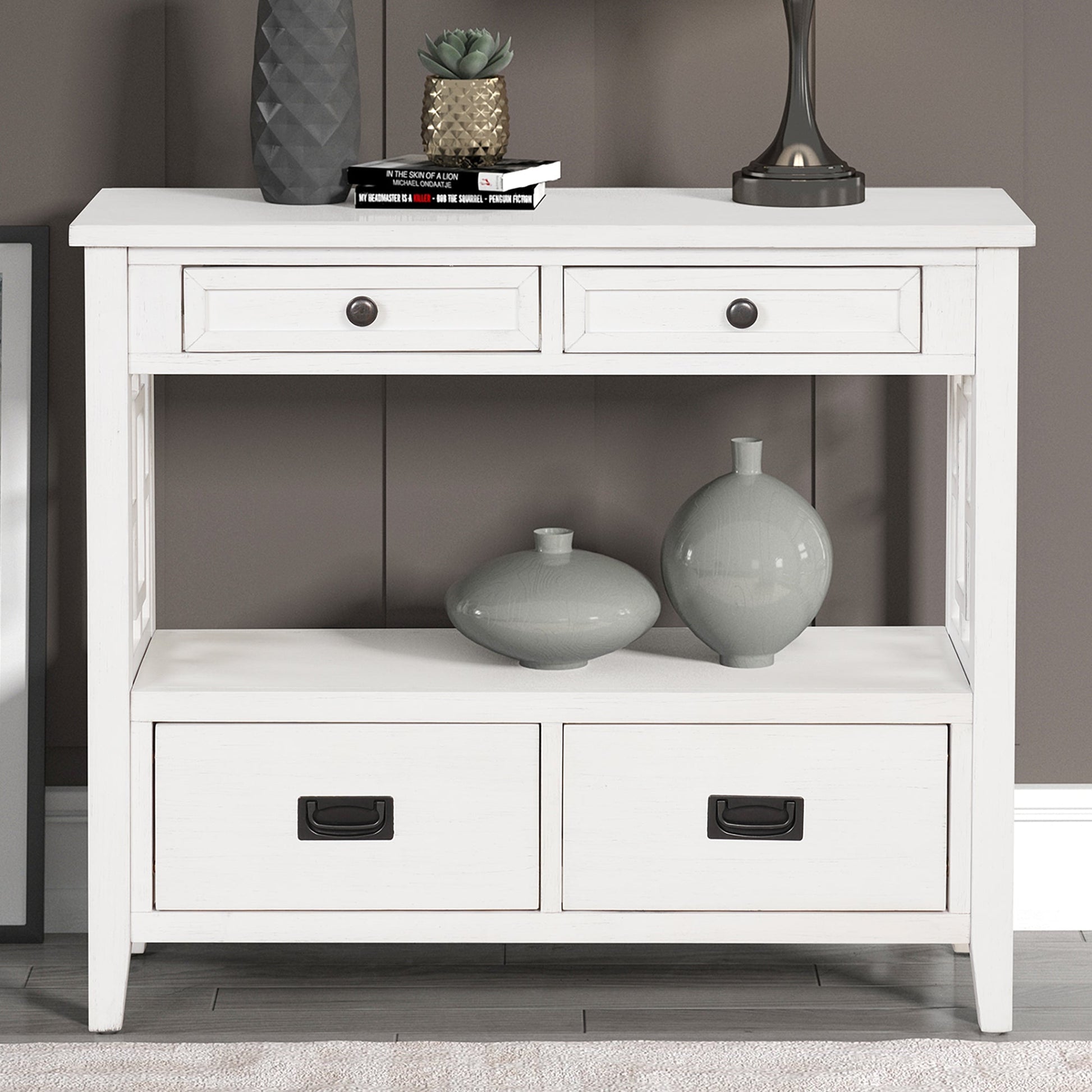 36'' Farmhouse Pine Wood Console Table Entry Sofa Table with 4 Drawers & 1 Storage Shelf (Antique White) - Korvel