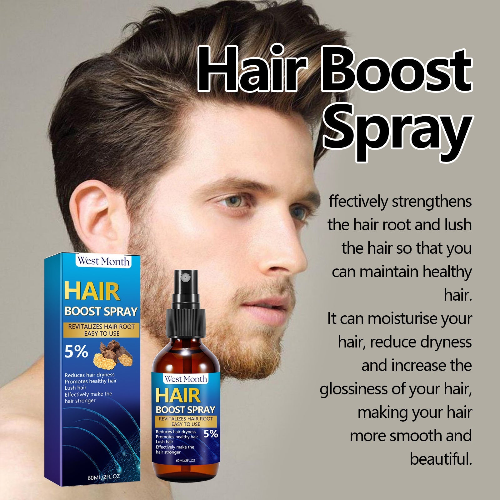 Hair Boost Spray, Strong Hair Solid Hair Moisturizing Scalp Hair Roots Beard Hair Care Spray - Korvel