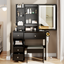 Left drawer desktop vanity+cushioned stool, 2 AC+2 USB power stations, touch sliding LED mirror, tri color switch - Korvel