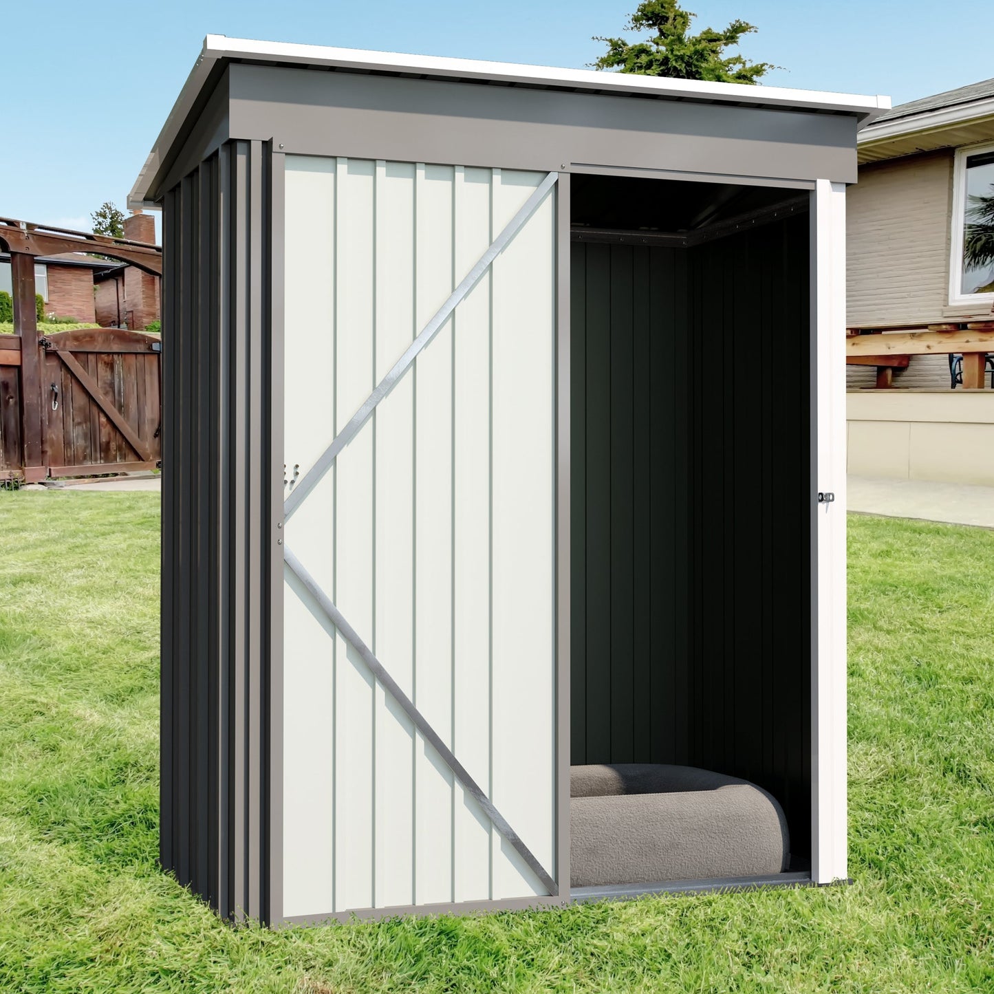 5 * 3FT outdoor storage shed, tool shed with sloping roof and lockable door, backyard garden metal shed, courtyard lawn, gray - Korvel