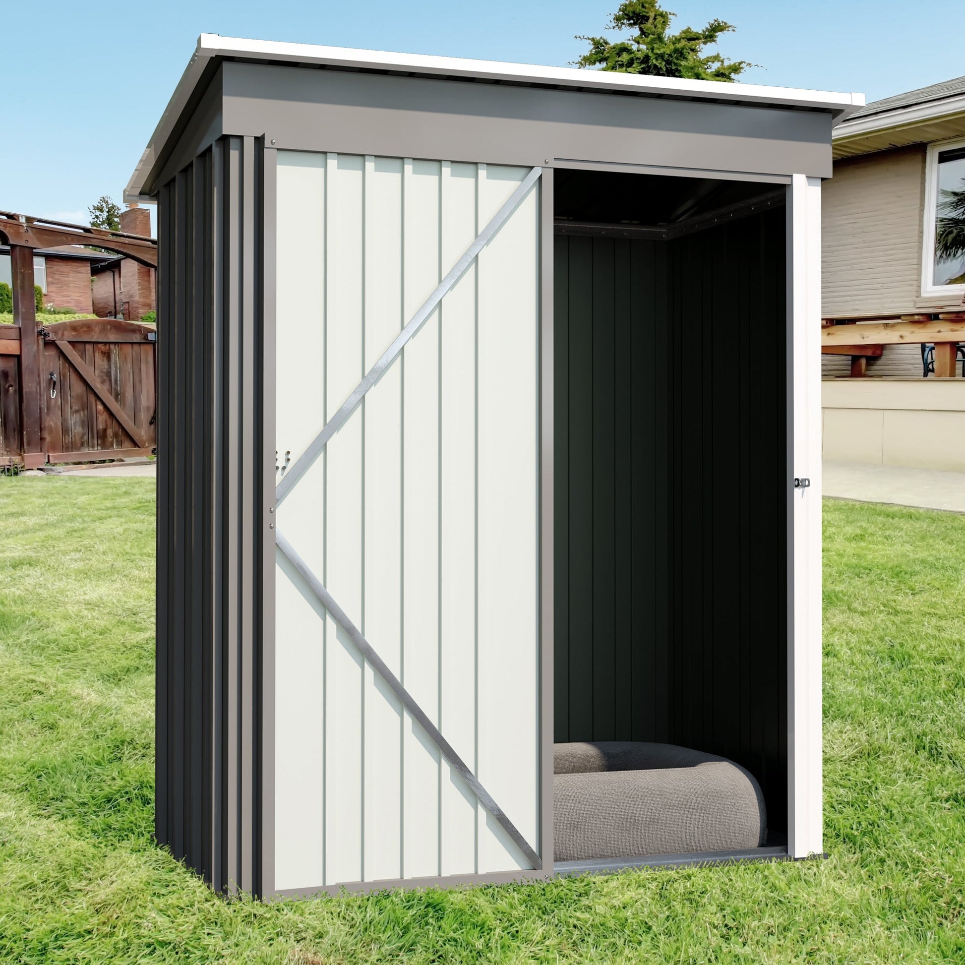 5 * 3FT outdoor storage shed, tool shed with sloping roof and lockable door, backyard garden metal shed, courtyard lawn, gray - Korvel