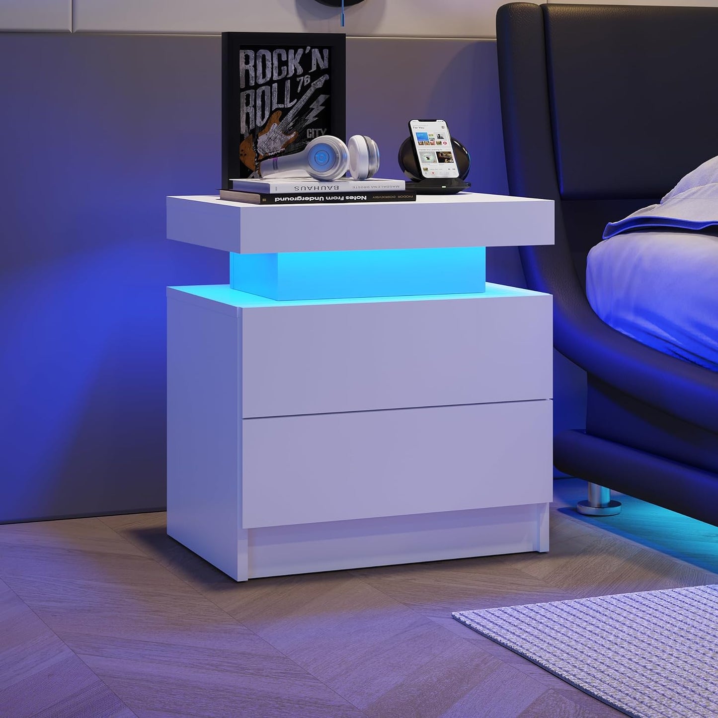 Modern white Nightstand With 2 Storage Drawers,Led Lights, End Table For Bedroom Furniture - Korvel