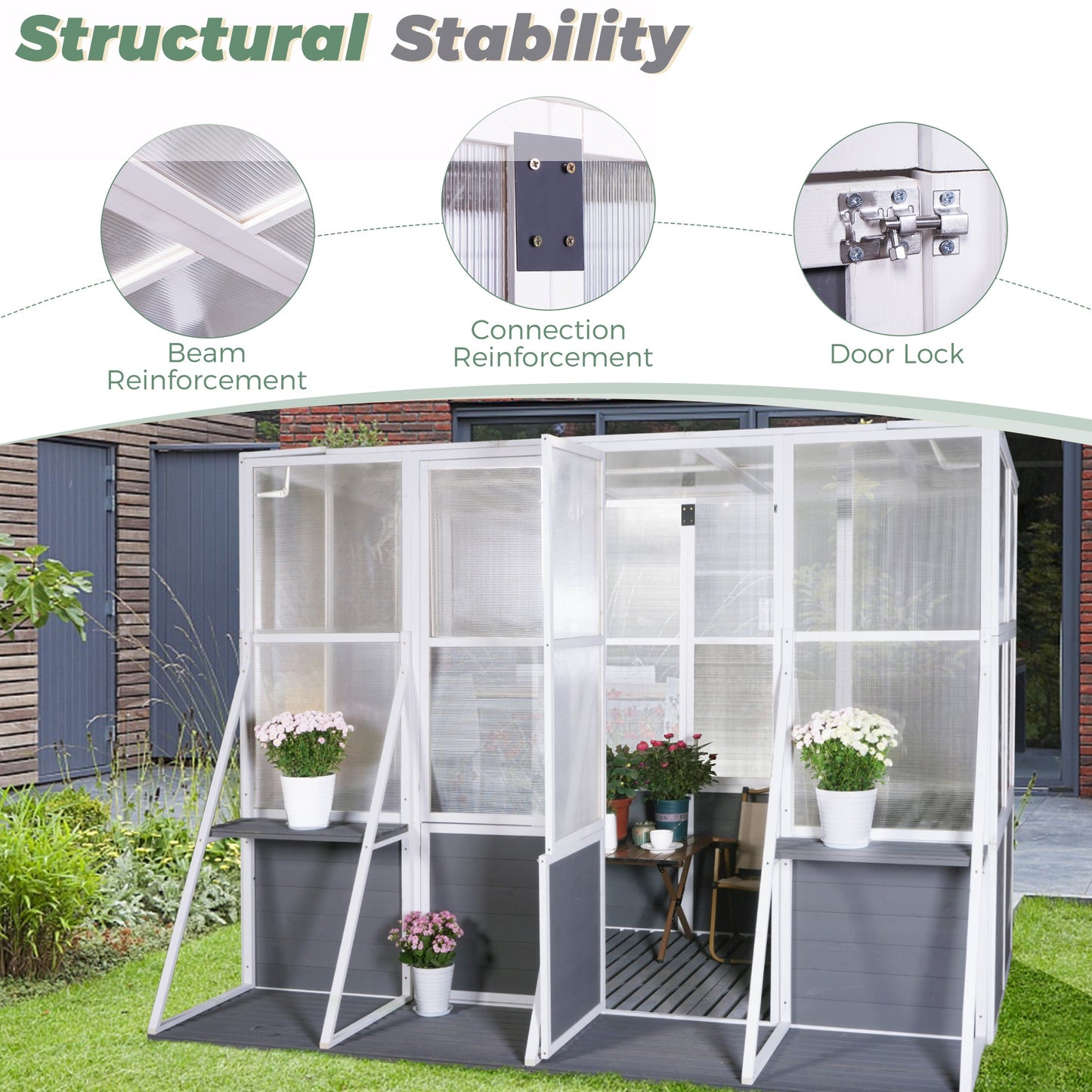 Greenhouse Wooden Lean to Greenhouses for Outdoors Heavy Duty Walk in Green House for Outside Winter - Korvel