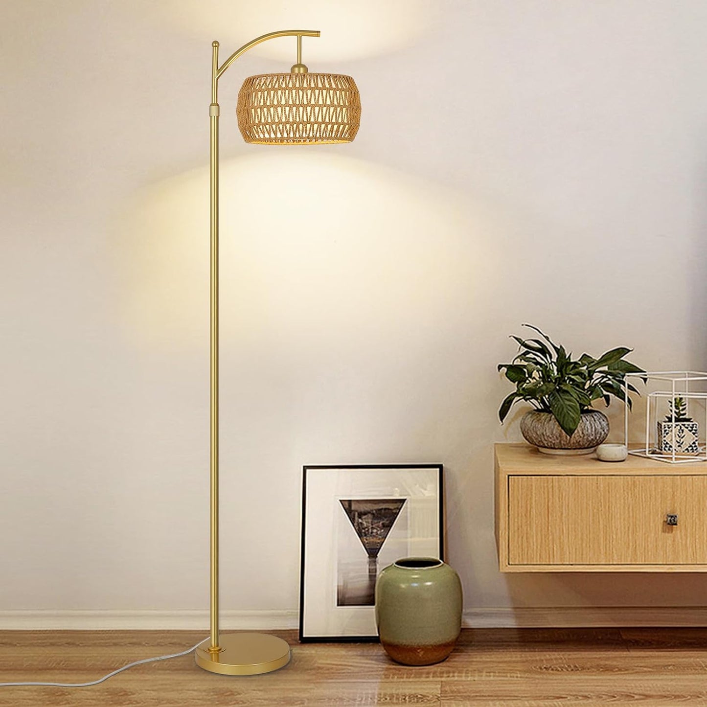 Arc Floor Lamp with 3 Color Temperatures, LED Gold Floor Lamp with Remote & Stepless Dimmable Bulb, Boho Standing Lamp - Korvel