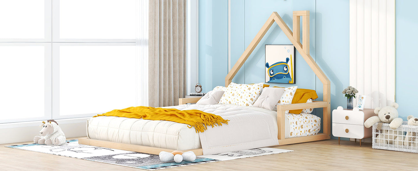 Full Size Wood Floor Bed with House-shaped Headboard  Natural - Korvel