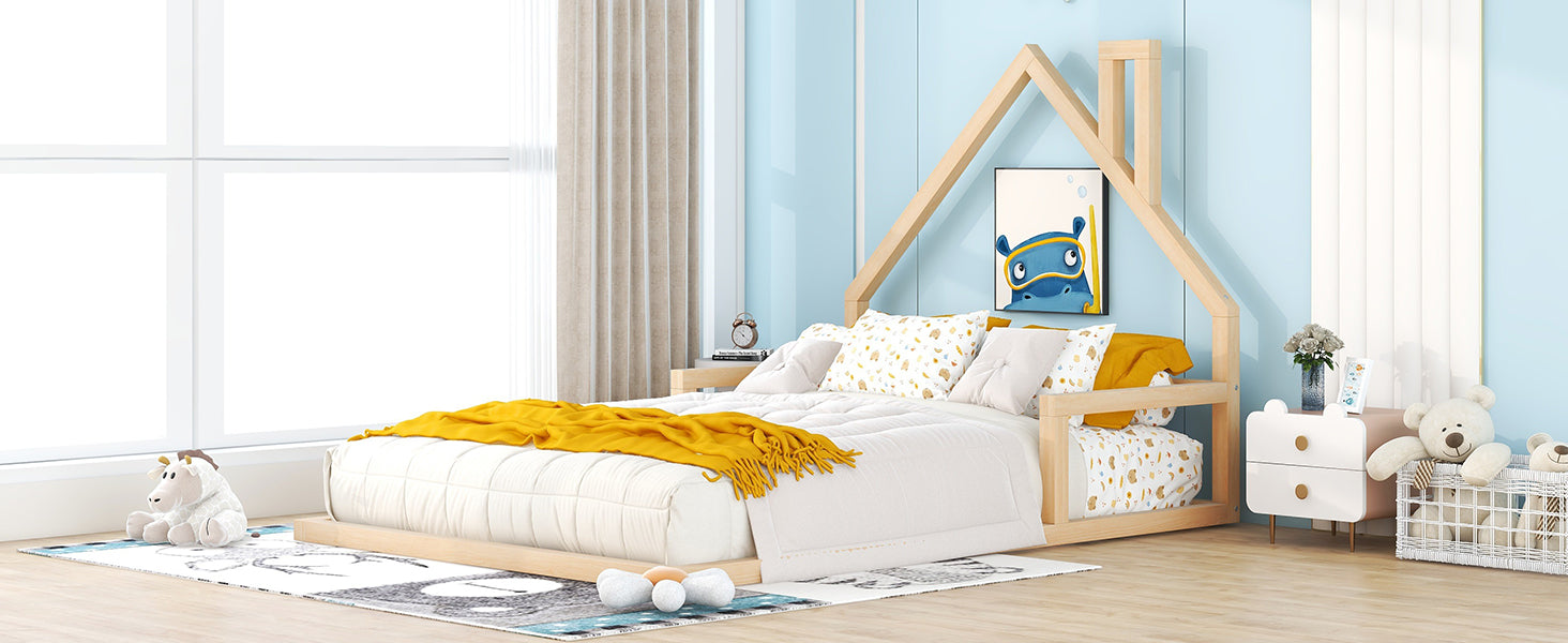 Full Size Wood Floor Bed with House-shaped Headboard  Natural - Korvel