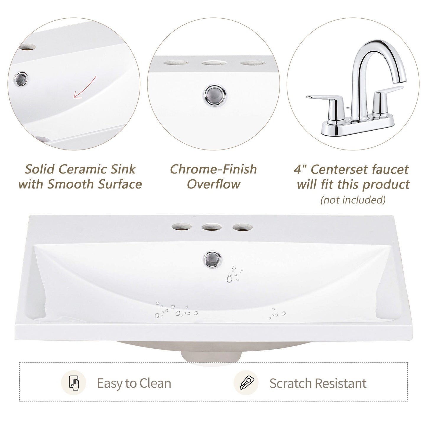 24" White Modern Sleek Bathroom Vanity Elegant Ceramic Sink with Solid Wood Frame Open Style Shelf - Korvel