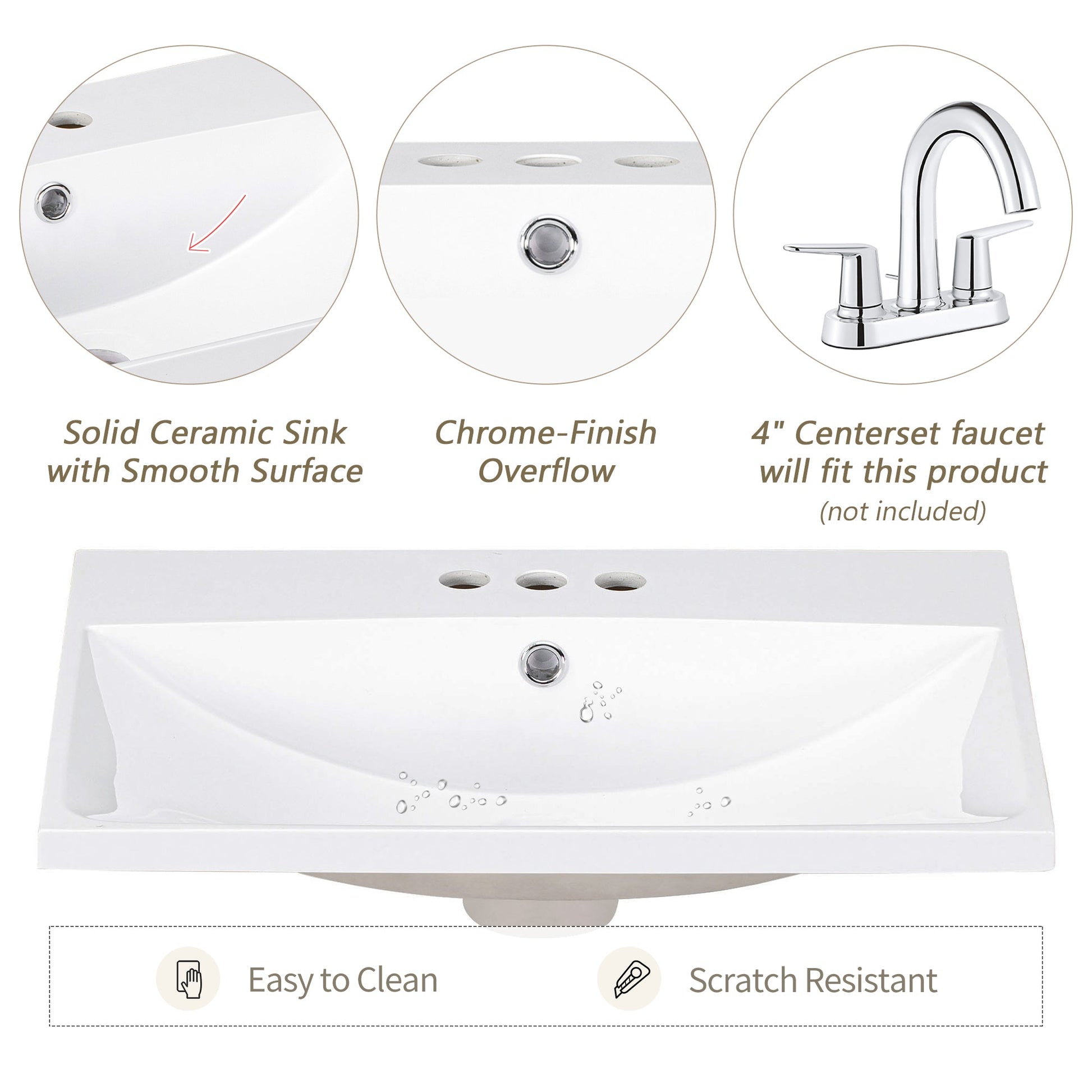 24" White Modern Sleek Bathroom Vanity Elegant Ceramic Sink with Solid Wood Frame Open Style Shelf - Korvel