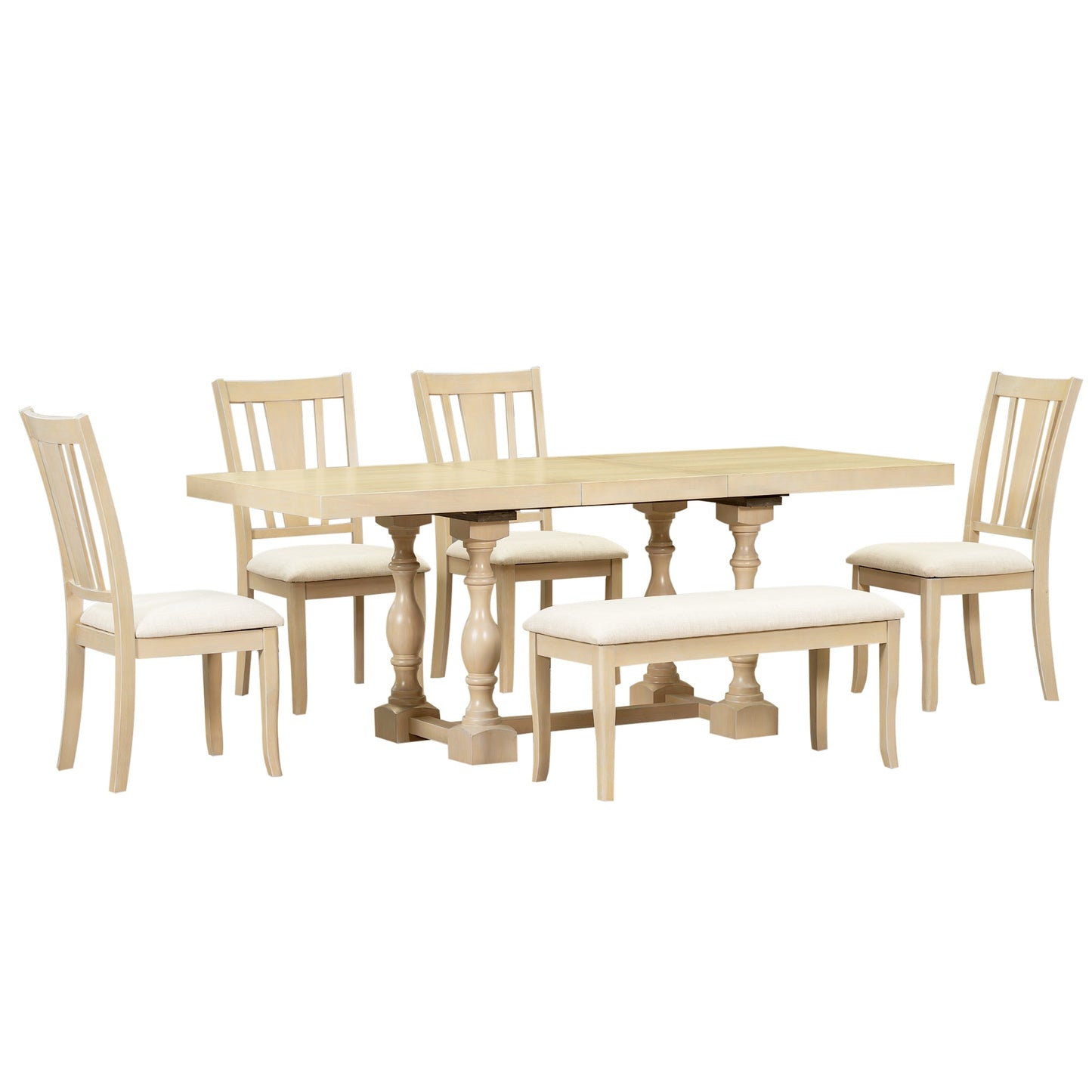 Traditional 6-Piece 78inch Trestle Extendable Dining Table Set with One 18inch Removable Leaf Padded Dining Chairs Bench,Natural - Korvel