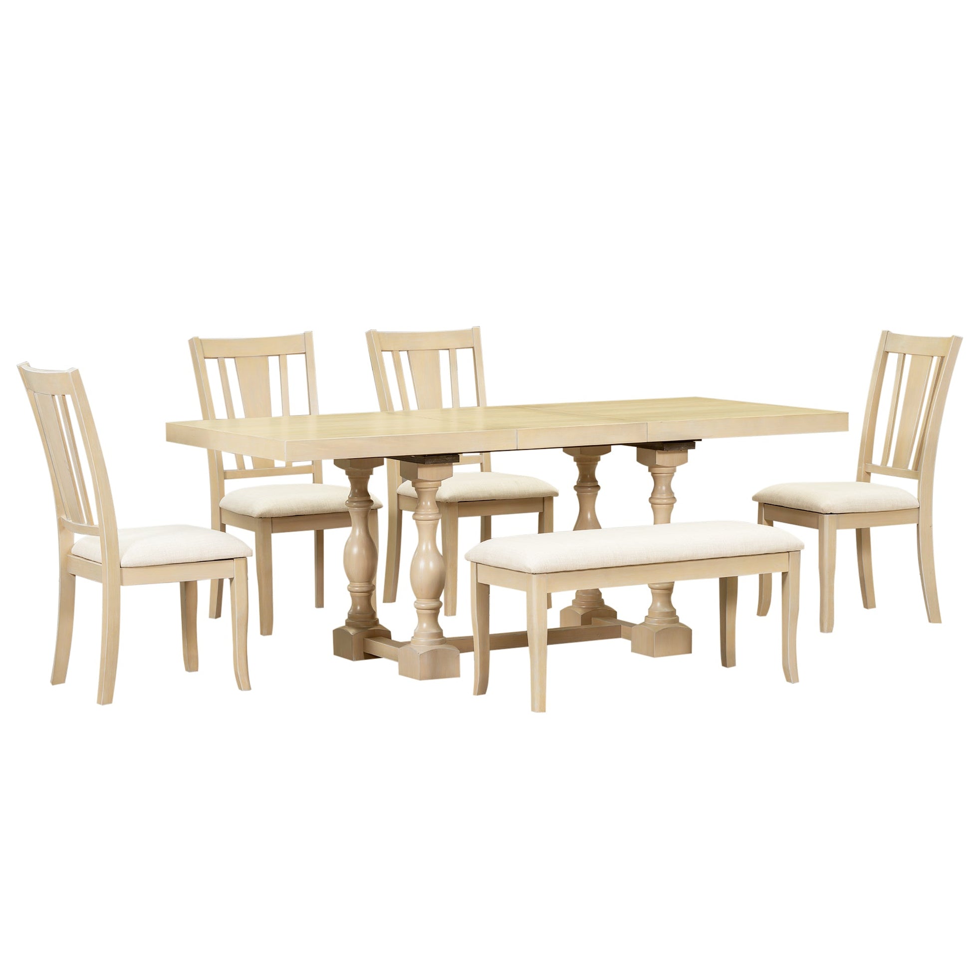 Traditional 6-Piece 78inch Trestle Extendable Dining Table Set with One 18inch Removable Leaf Padded Dining Chairs Bench,Natural - Korvel