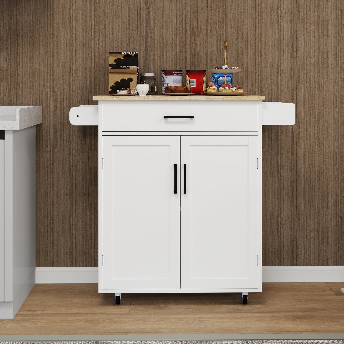 Kitchen island rolling trolley cart with 1 drawer & 2 doors with storage racks & Adjustable Shelves & towel rack - Korvel