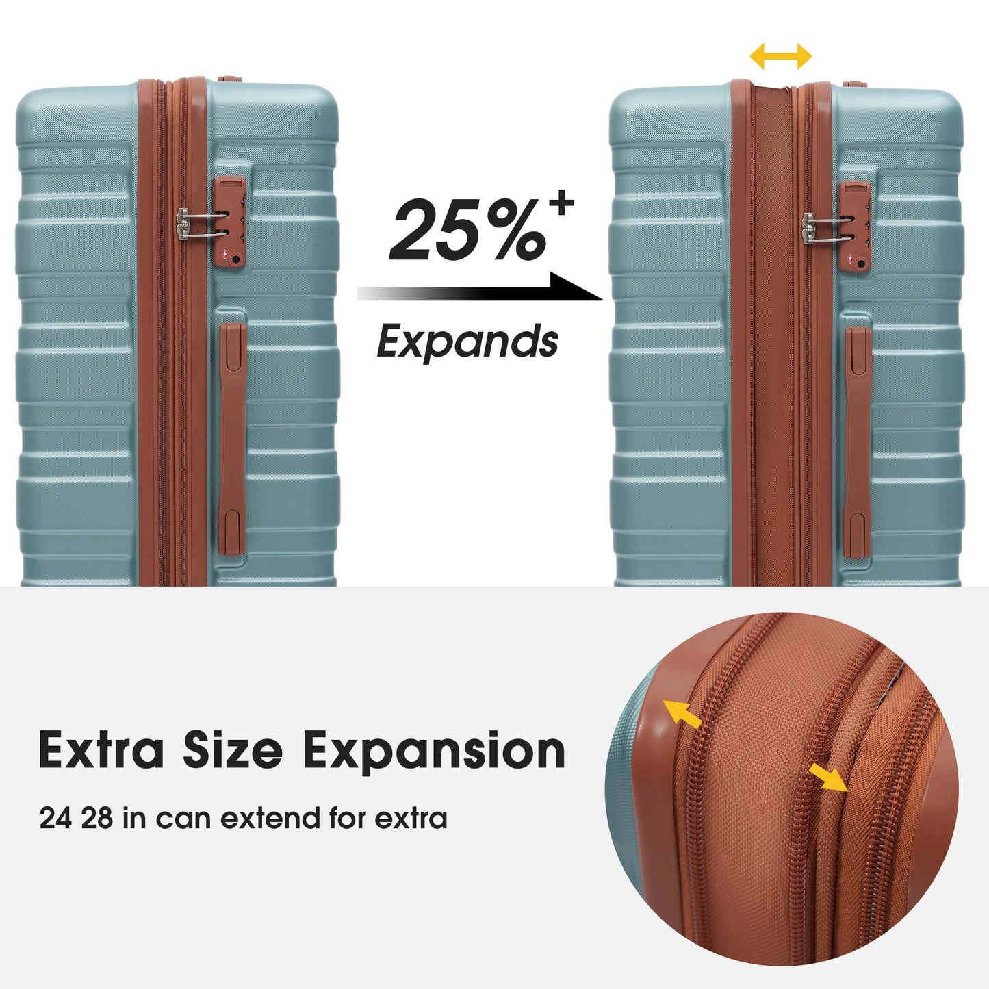 Hardshell Luggage Sets 3 Pcs Spinner Suitcase with TSA Lock Lightweight 20''24''28''  Green + ABS - Korvel