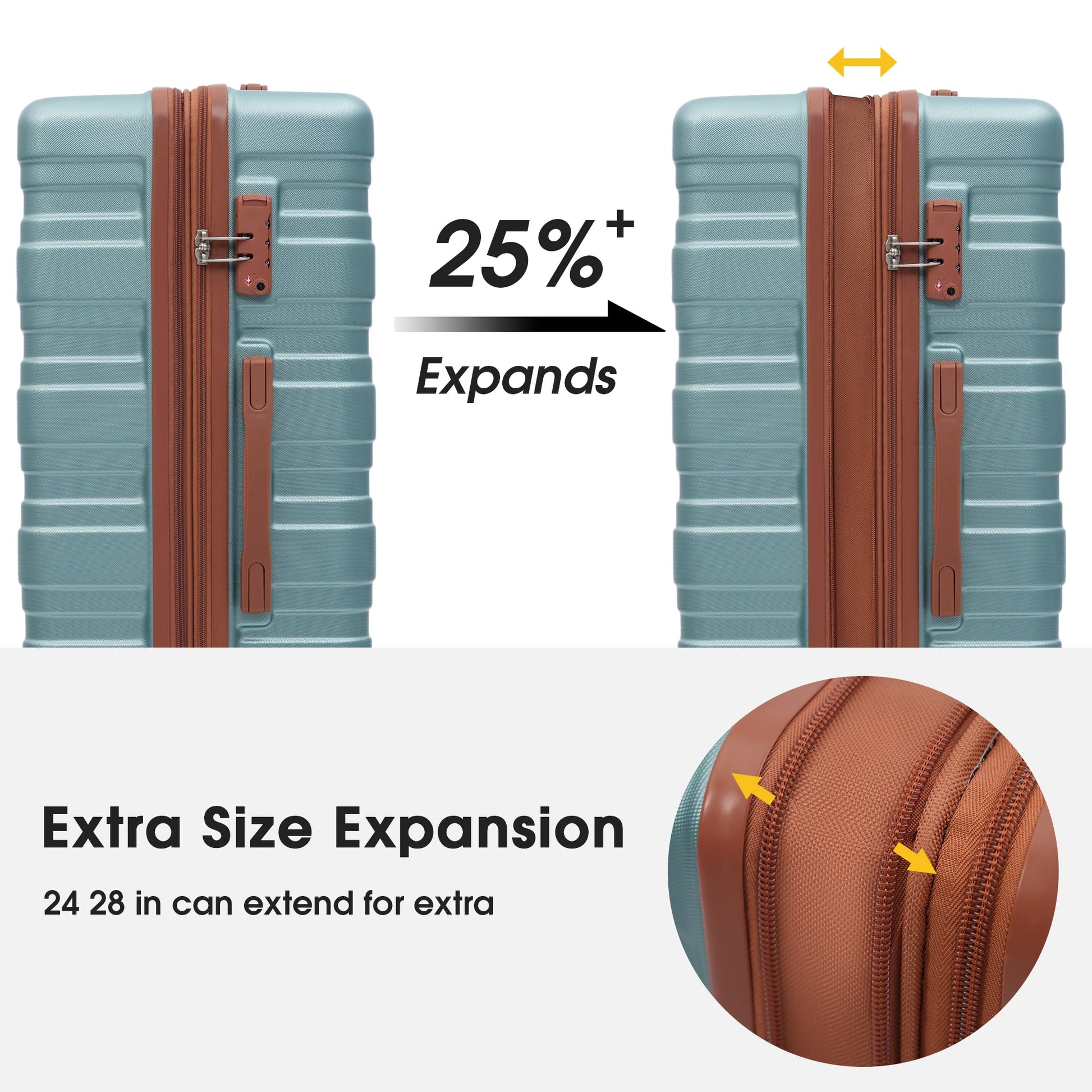 Hardshell Luggage Sets 3 Pcs Spinner Suitcase with TSA Lock Lightweight 20''24''28''  Green + ABS - Korvel