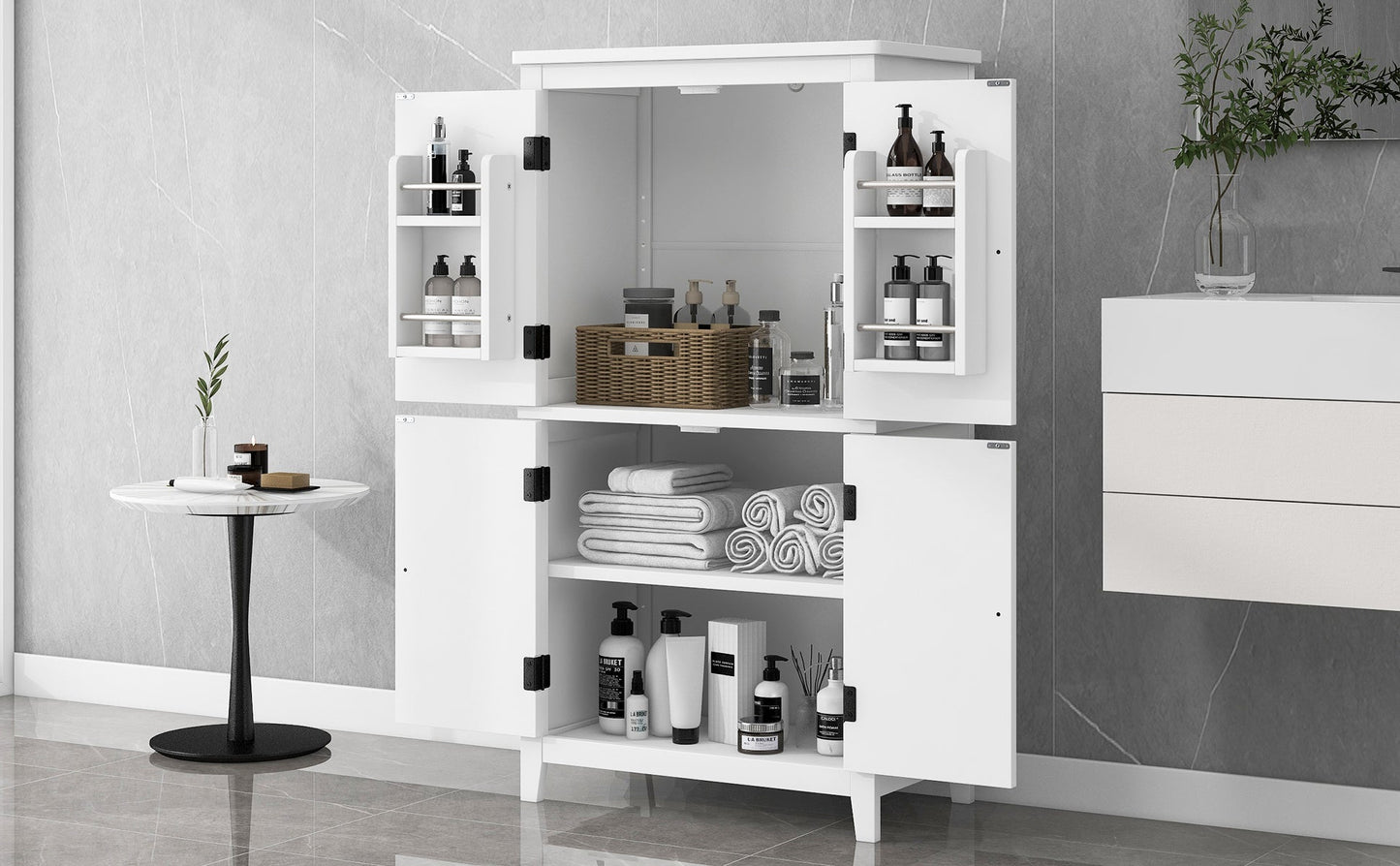 Bathroom floor storage cabinet, bathroom storage unit, 4-door independent cabinet, adjustable shelf, adaptive shelf, white - Korvel