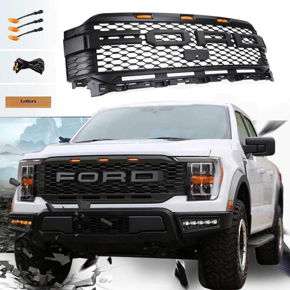 Grill For 2021 2022 2023 Ford f150 Raptor Grill Replacement W/LED Lights & Letters Matte Black - Korvel