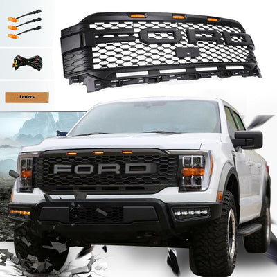 Grill For 2021 2022 2023 Ford f150 Raptor Grill Replacement W/LED Lights & Letters Matte Black - Korvel