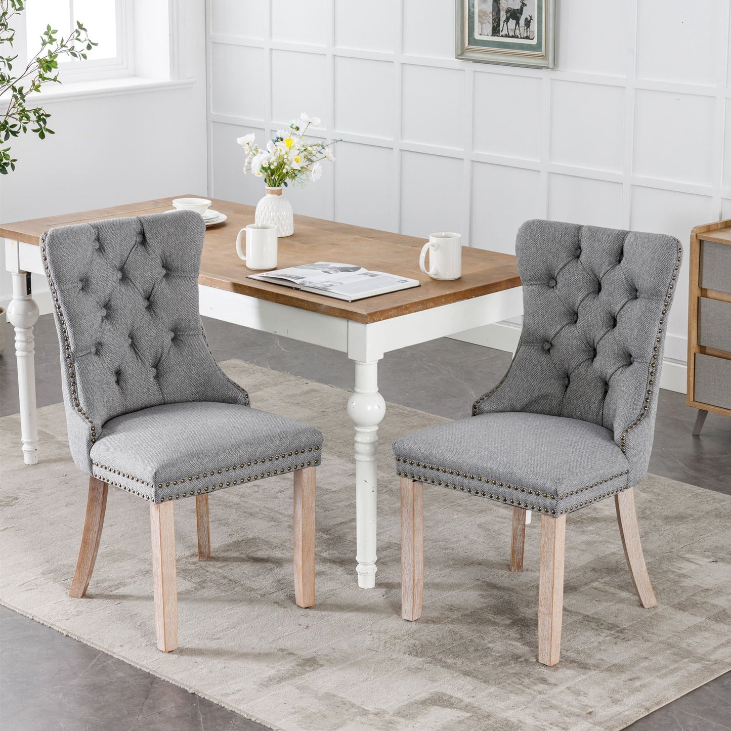 High-end Tufted Solid Wood Contemporary Flax Upholstered Linen Dining Chair with Wood Legs Nailhead Trim 2-Pcs Set Gray - Korvel