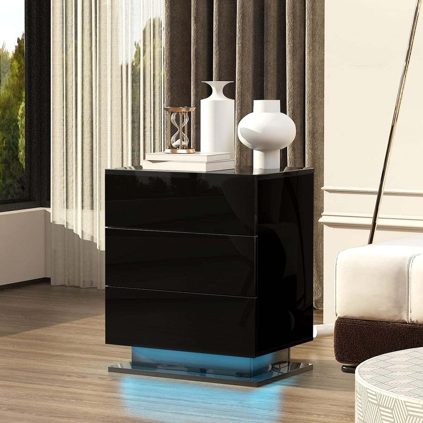 Nightstand with 3 Storage Drawers,Led Lights, End Table for Bedroom Furniture - Korvel