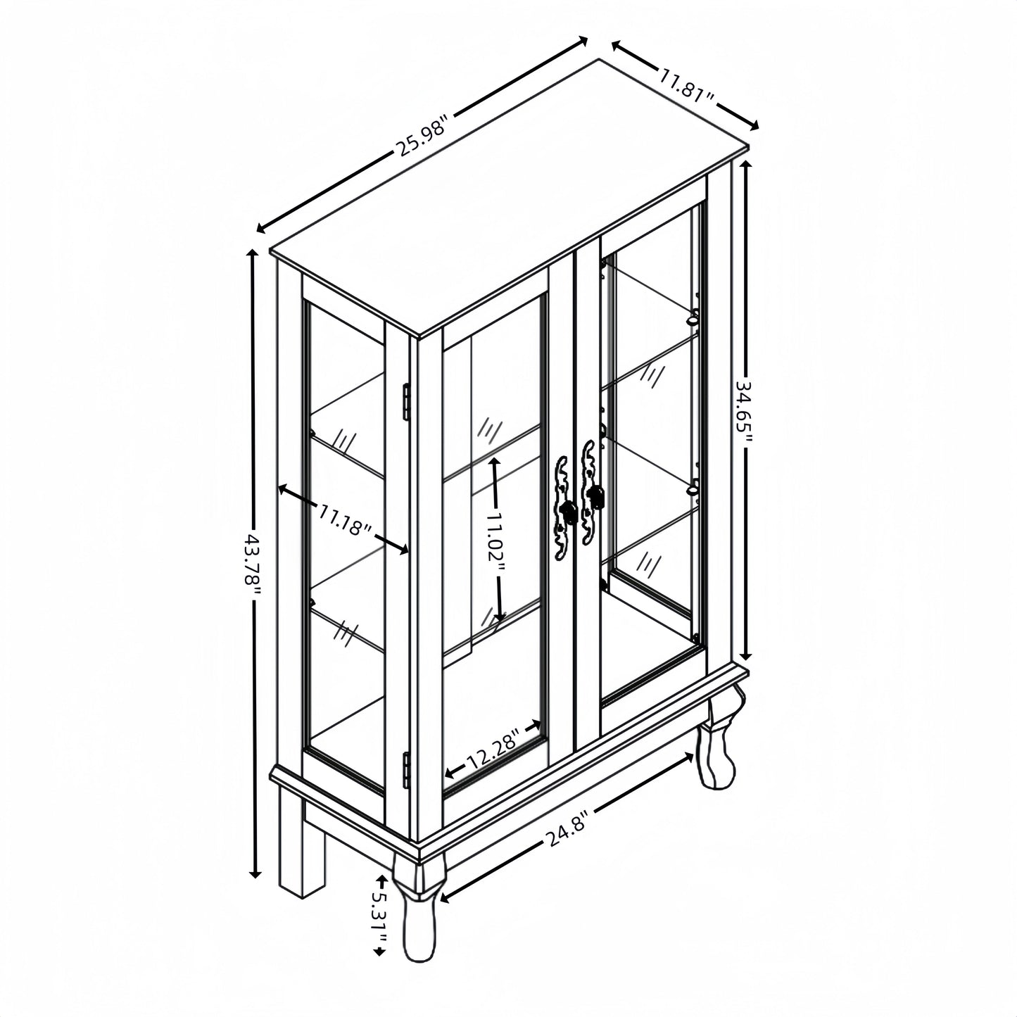 Dual door Curio cabinet with tempered glass doors, mirrored back panel and adjustable shelves, home lighting display cabinet Oak - Korvel