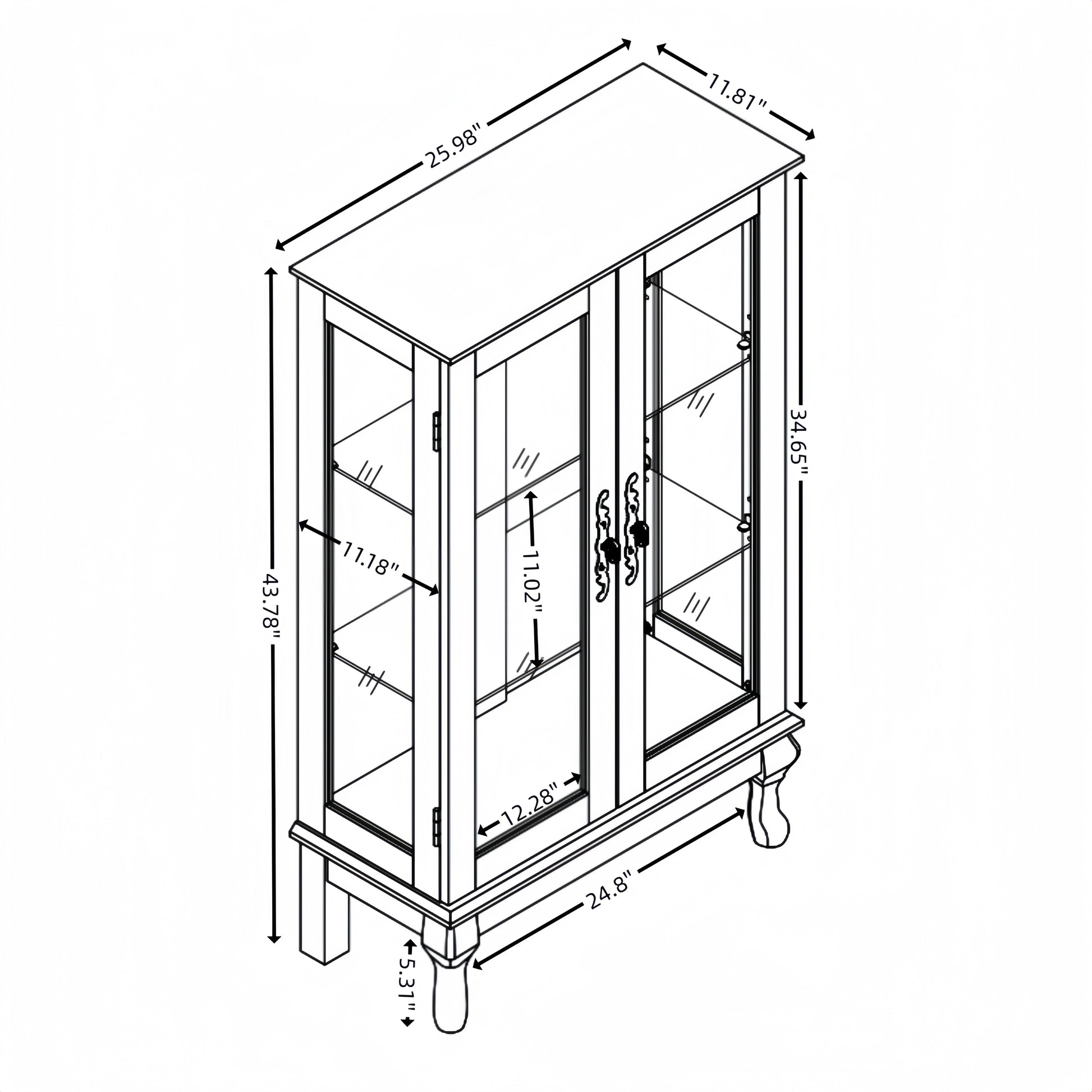 Dual door Curio cabinet with tempered glass doors, mirrored back panel and adjustable shelves, home lighting display cabinet Oak - Korvel
