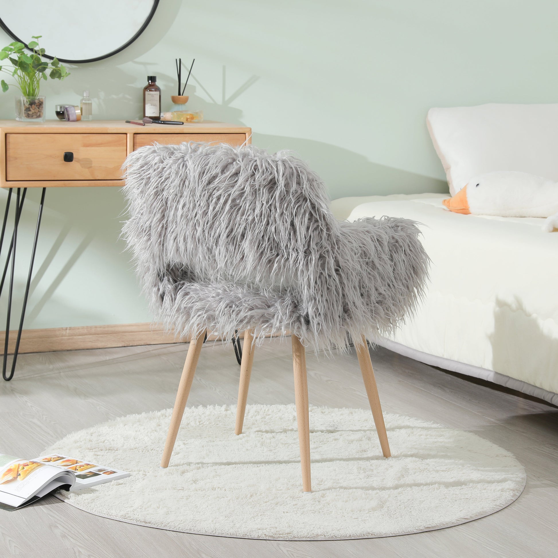 GREY Faux Fur Upholstered Make up chair Side Dining Chair with Metal Leg(GREY+Beech Metal Leg) - Korvel