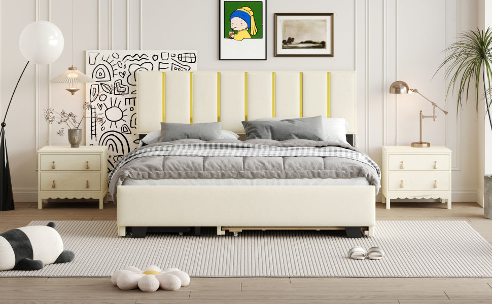 Elegant Queen Size Upholstered Platform Bed with Storage and Trundle