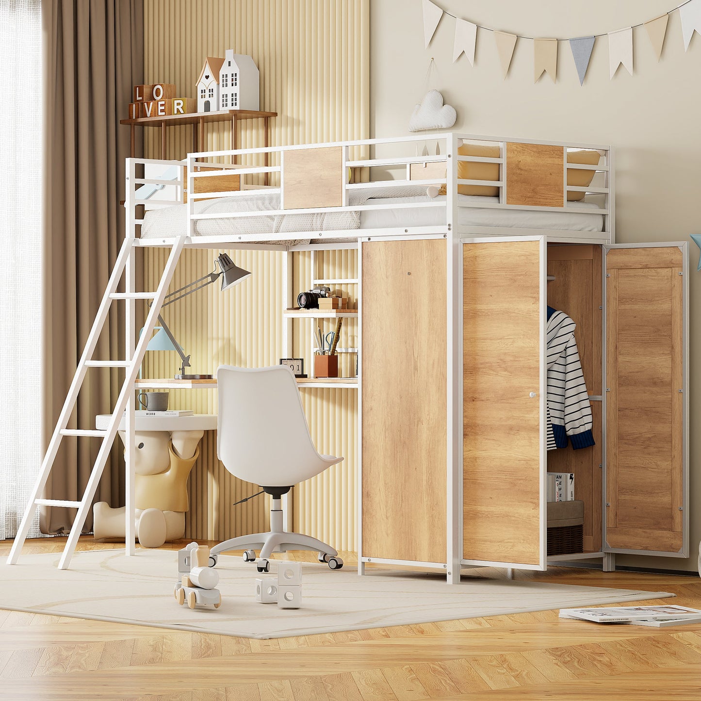 Lit mezzanine taille twin avec bureau en L et armoire - Blanc