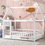 Full Size Floor Wooden Bed with House Roof Frame and Guardrails - White