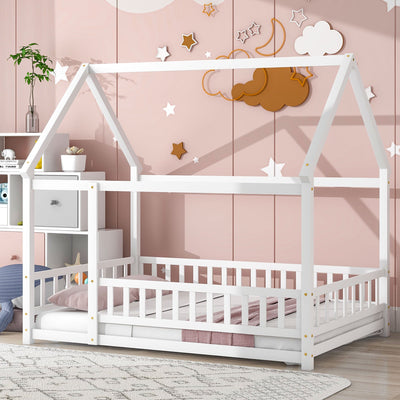 Full Size Floor Wooden Bed with House Roof Frame and Guardrails - White