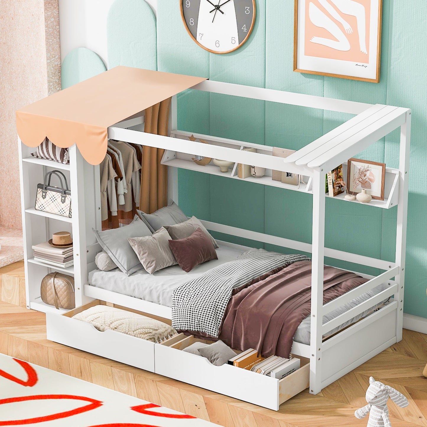 Twin Size House Bed with Two Drawers and Wardrobe - White