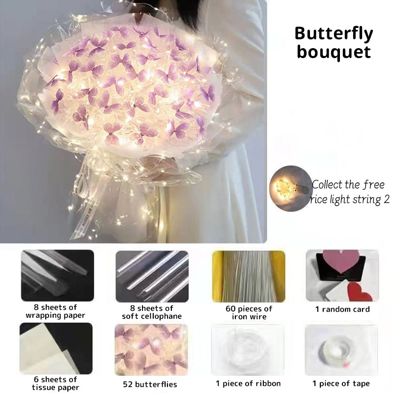 New DIY Butterfly Bouquets Handmade Butterfly Flower Material Package Bouquet with Light String Wedding Decor Gift for Girlfrien - Korvel