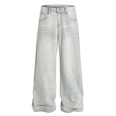 American Cleanfit Washed Denim Long Pants Men's Vintage Street Fashion Loose Straight Leg Distressed Wide Leg Dad Trousers - Korvel