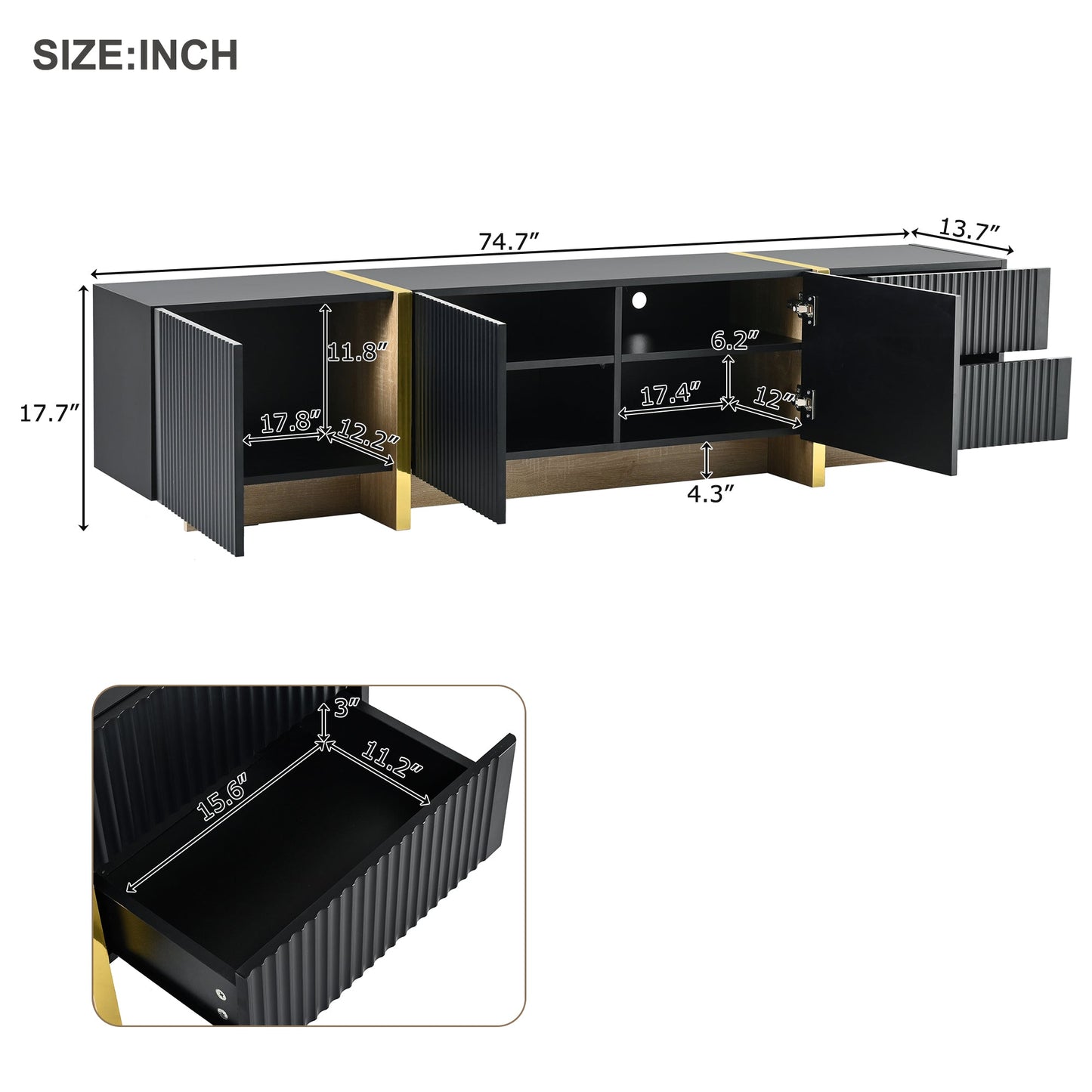 Luxury Fluted TV Stand for TVs Up to 80'', Modern Entertainment Center with Storage Cabinets & Drawers Black - Korvel