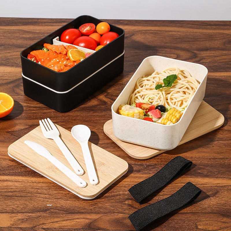 Wheat straw lunch box, Japanese style wooden lid bento box, household compartment, microwave oven lunch box, fresh-keeping box - Korvel