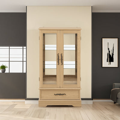 Light colored glass cabinet with adjustable glass frame, including cabinet light bulbs OAK with 2 doors and 1 drawer - Korvel