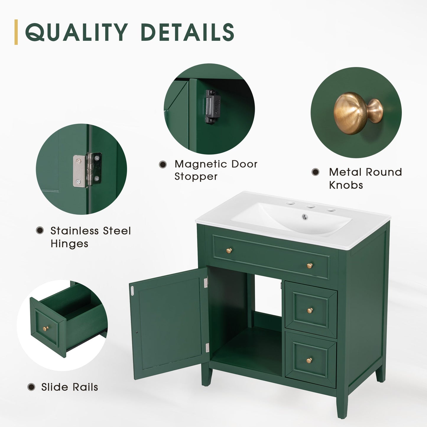 Vanidad de baño verde de 30" con lavabo y almacenamiento