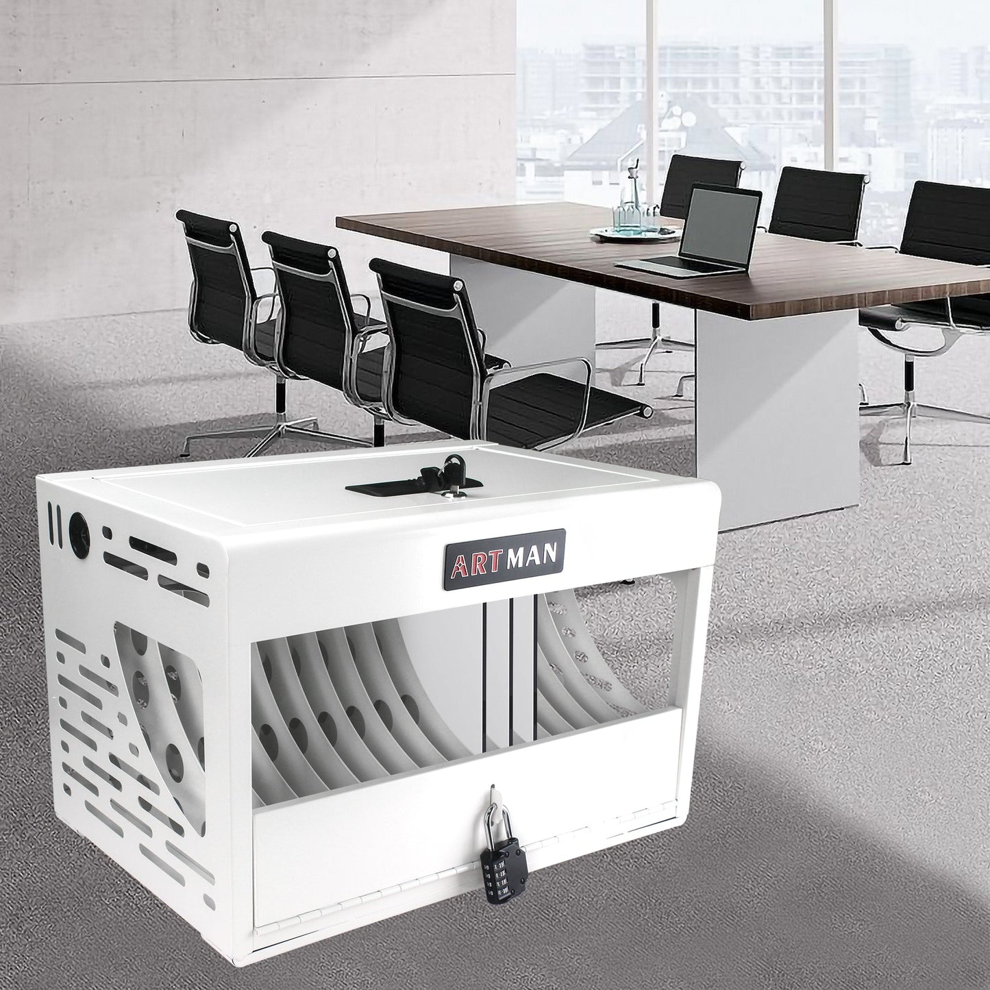 16 Bay Locking Charging Cabinet for Laptops and Chromebooks - White