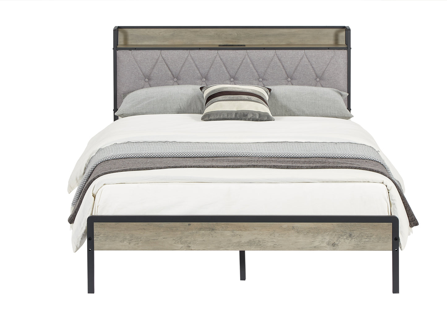 Premium Grey Full Size Bed Frame with Charging Station