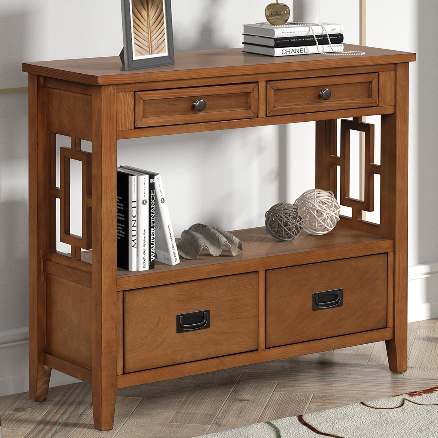 36'' Farmhouse Pine Wood Console Table Entry Sofa Table with 4 Drawers & 1 Storage Shelf (Brown) - Korvel